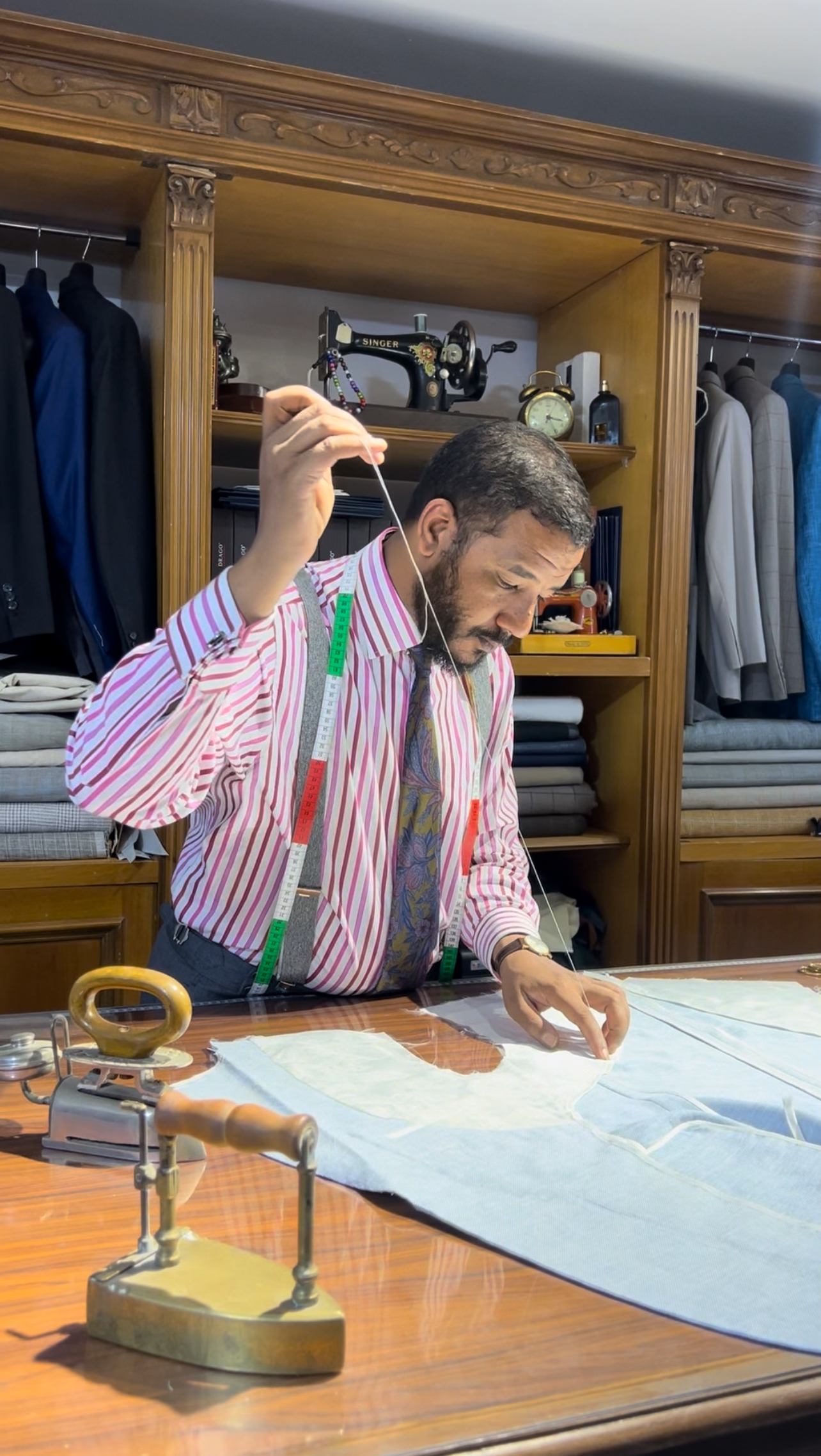 Hand-stitching a bespoke jacket in the Krarim Bespoke atelier